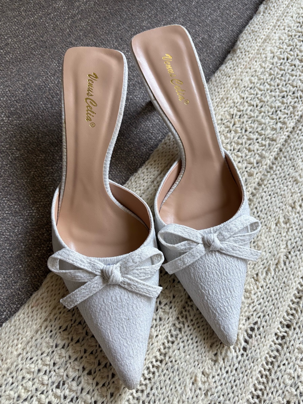 White Pointed Kitten Heels With Bow Detail